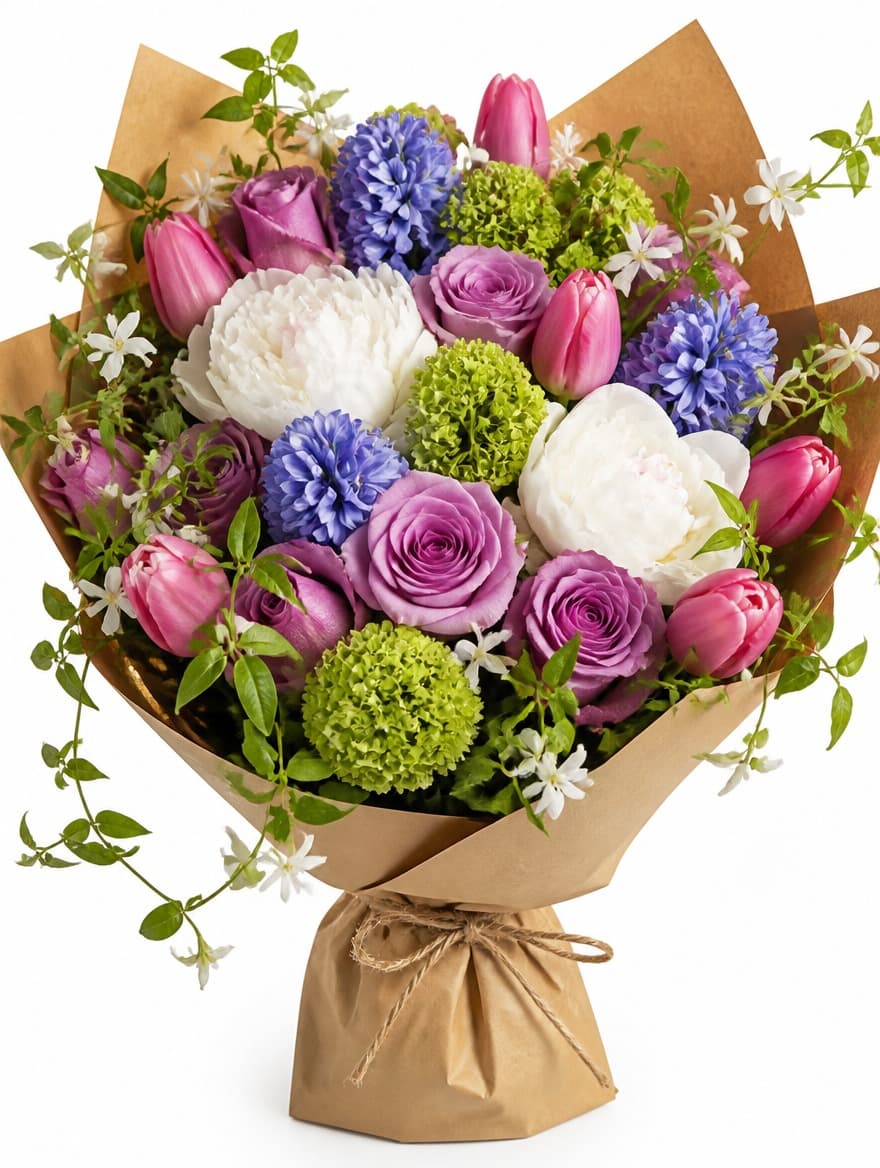 Covent Garden Fresh — abundant English garden bouquet of white peonies, lavender roses, blue hyacinths, pink tulips, green viburnum wrapped in kraft paper