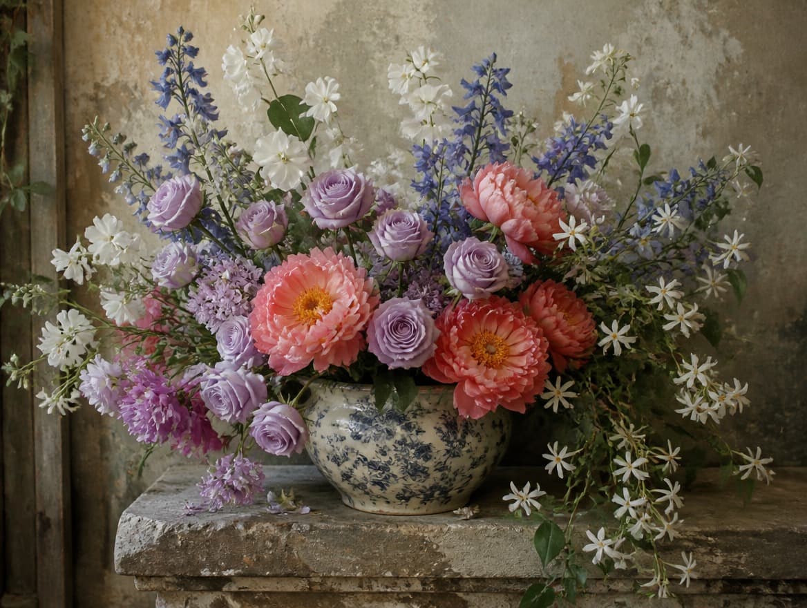 Editorial still-life of an abundant English garden arrangement — lavender roses, coral peonies, white sweet peas, blue delphiniums in an elegant ceramic vessel. Covent Garden Market aesthetic.